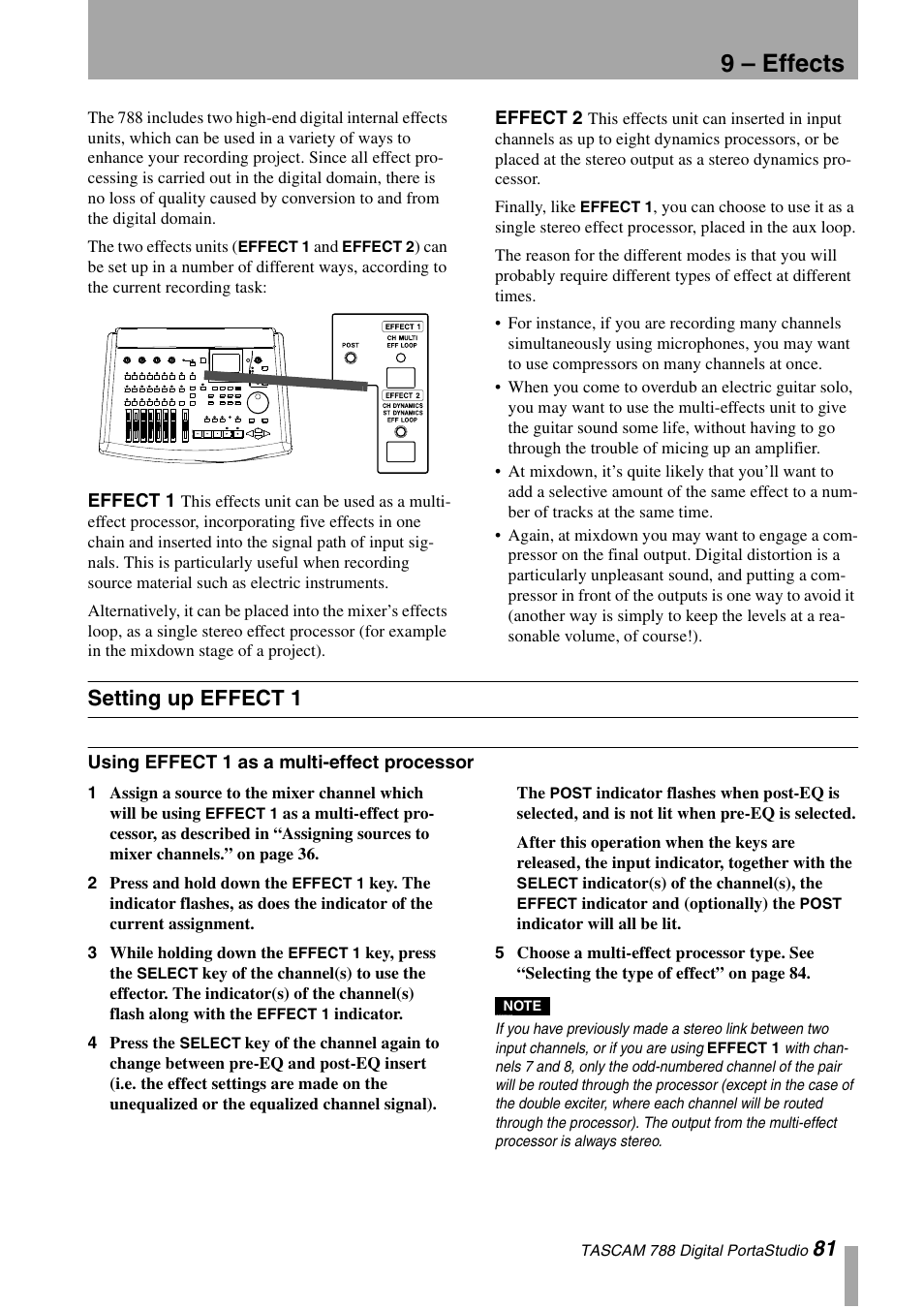 9 – effects, Effect 1, Effect 2 | Setting up effect 1, Using effect 1 as a multi-effect processor, Effect 1 effect 2 | Tascam 788 User Manual | Page 81 / 128