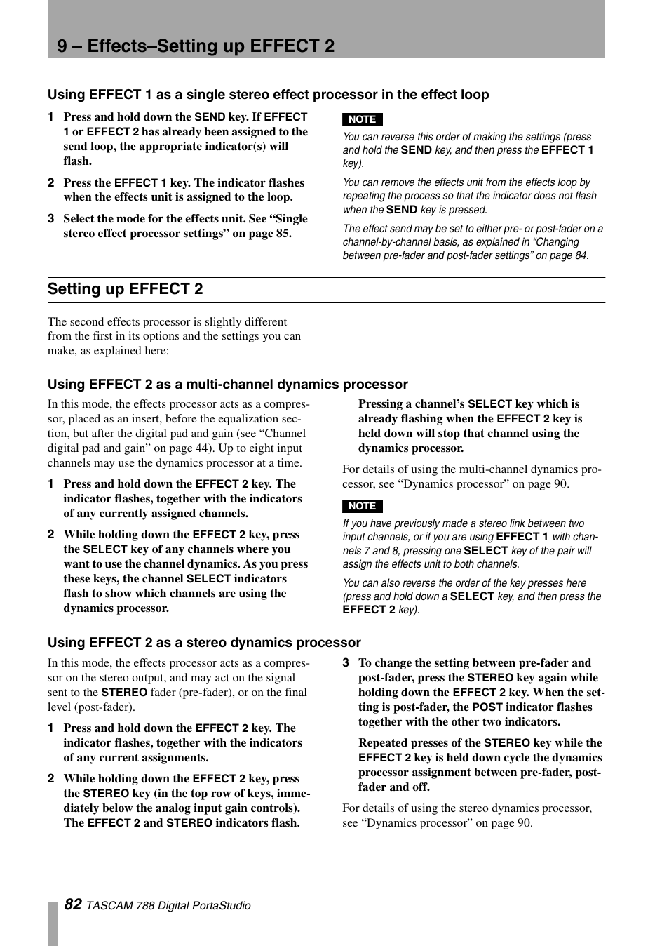 Setting up effect 2, Using effect 2 as a stereo dynamics processor, Using effect 1 as a single stereo effect | Processor in the effect loop, Using effect 2 as a multi-channel dynamics, Processor, Using effect 2 as a stereo dynamics, 9 – effects–setting up effect 2 | Tascam 788 User Manual | Page 82 / 128