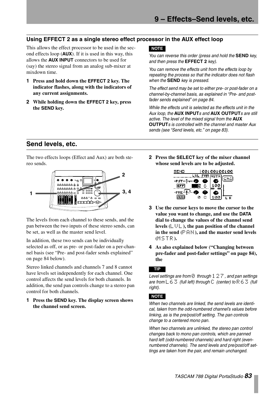 Send levels, etc, Using effect 2 as a single stereo effect, Processor in the aux effect loop | 9 – effects–send levels, etc | Tascam 788 User Manual | Page 83 / 128