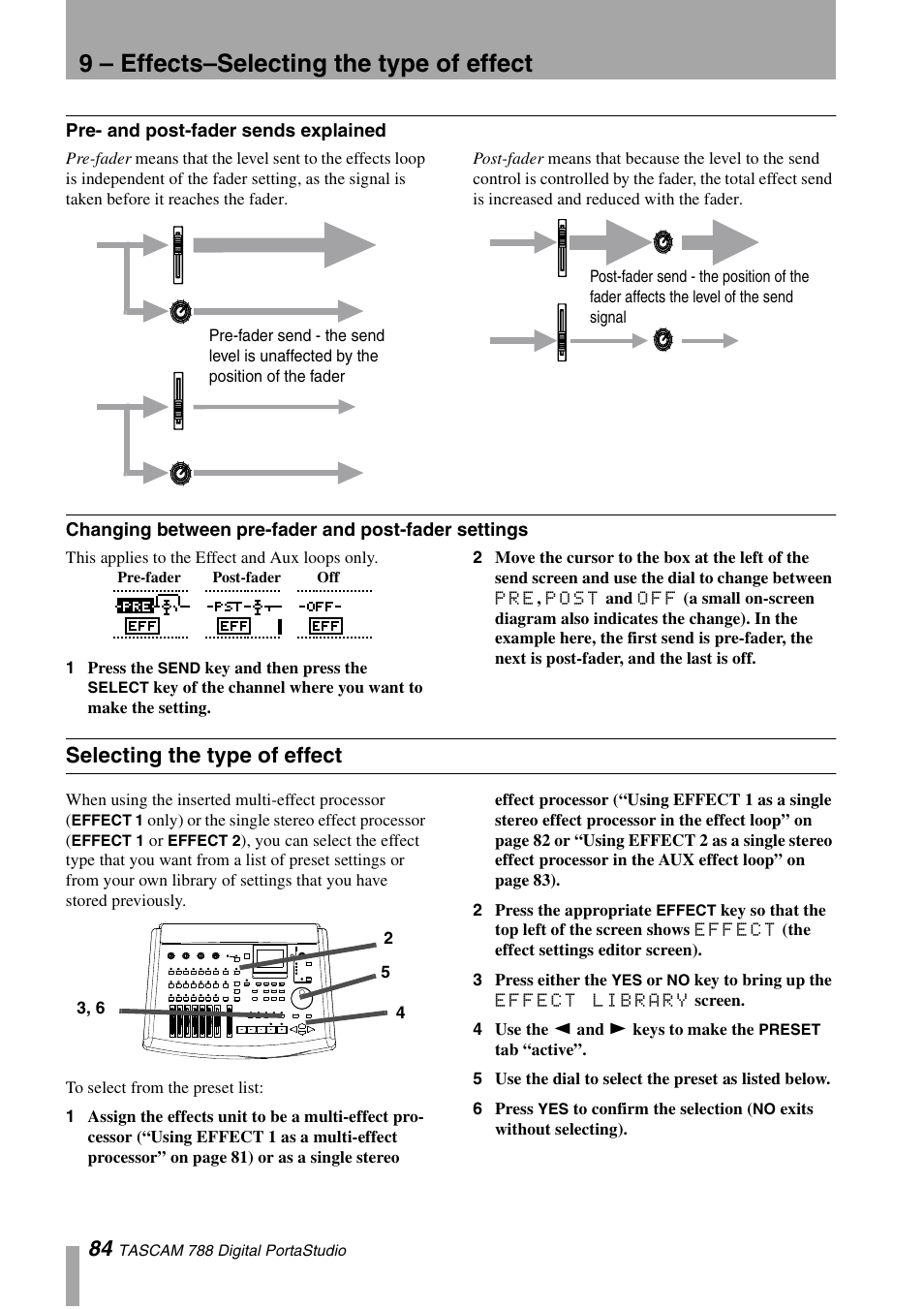 Pre- and post-fader sends explained, Changing between pre-fader and post-fader settings, Selecting the type of effect | Settings, 9 – effects–selecting the type of effect | Tascam 788 User Manual | Page 84 / 128