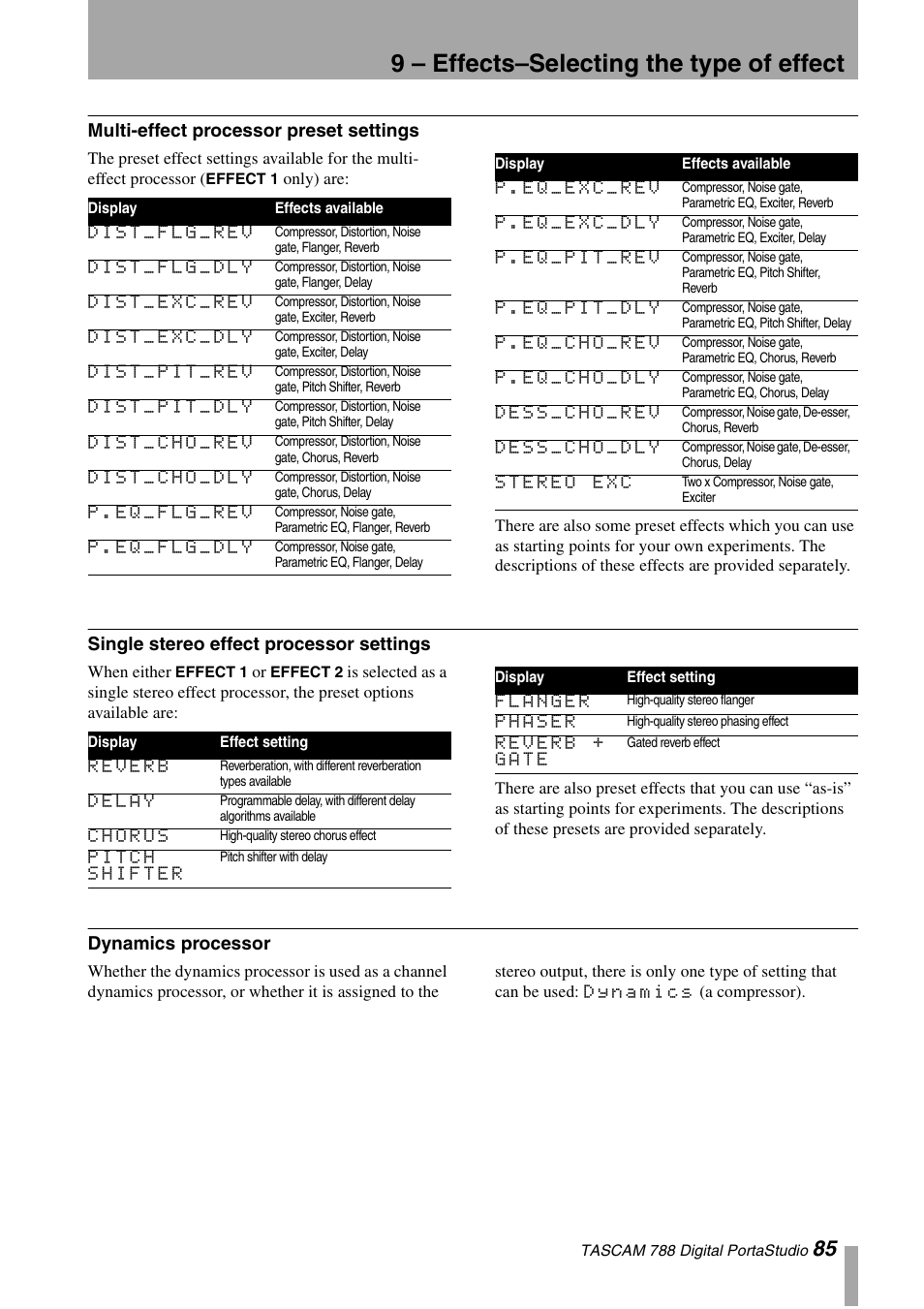 Multi-effect processor preset settings, Single stereo effect processor settings, Dynamics processor | 9 – effects–selecting the type of effect | Tascam 788 User Manual | Page 85 / 128