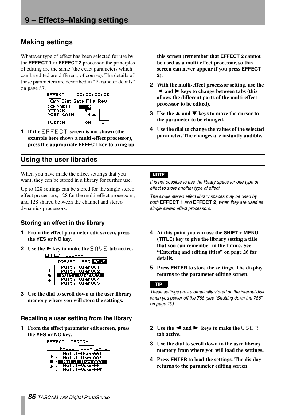 Making settings, Using the user libraries, Storing an effect in the library | Recalling a user setting from the library, Making settings using the user libraries, 9 – effects–making settings | Tascam 788 User Manual | Page 86 / 128