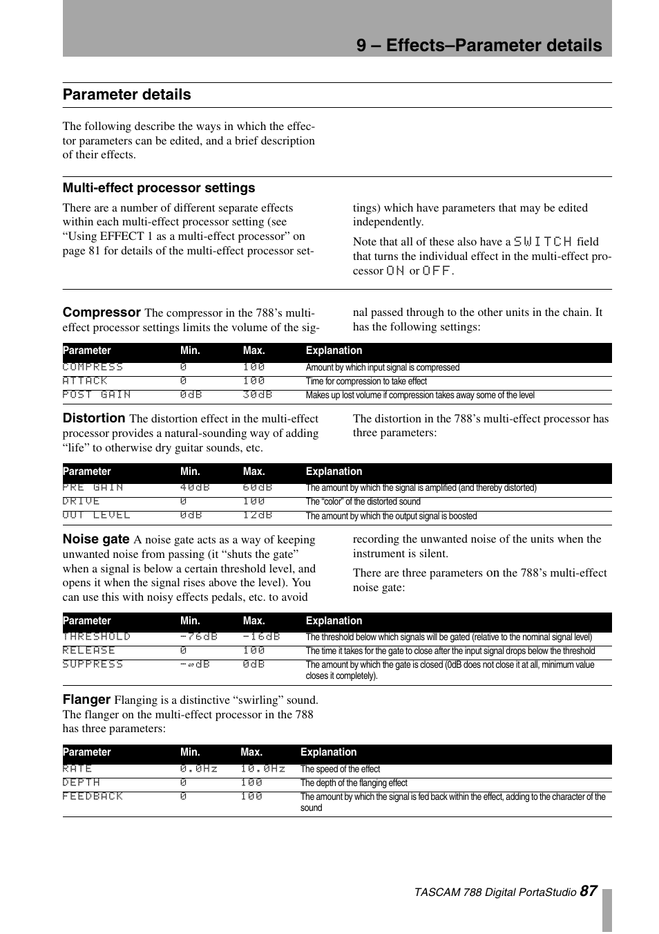 Parameter details, Multi-effect processor settings, Compressor | Distortion, Noise gate, Flanger, Compressor distortion noise gate flanger, 9 – effects–parameter details, 87 parameter details | Tascam 788 User Manual | Page 87 / 128