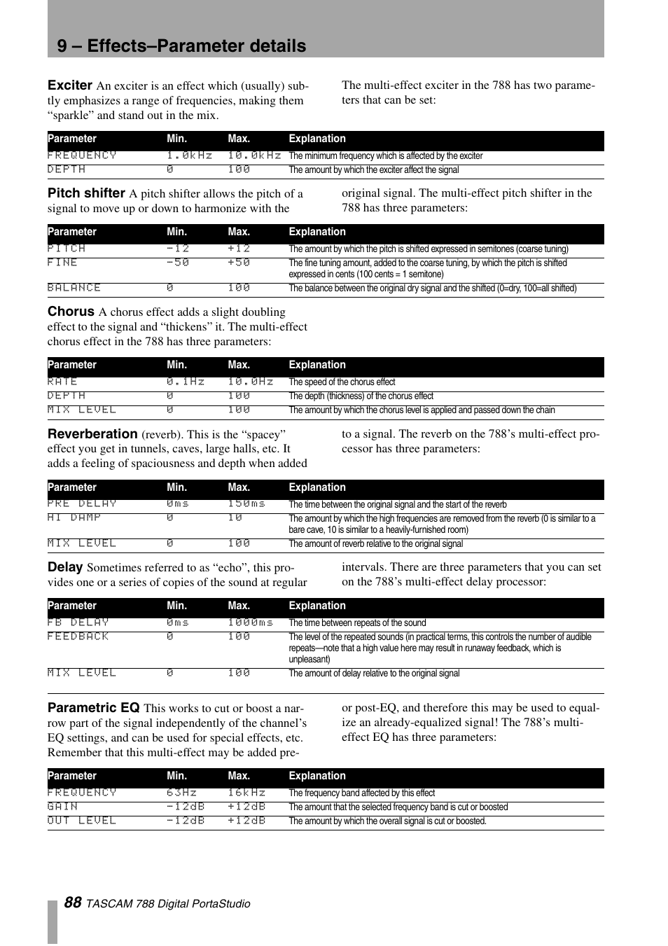 Exciter, Pitch shifter, Chorus | Reverberation, Delay, Parametric eq, 9 – effects–parameter details | Tascam 788 User Manual | Page 88 / 128