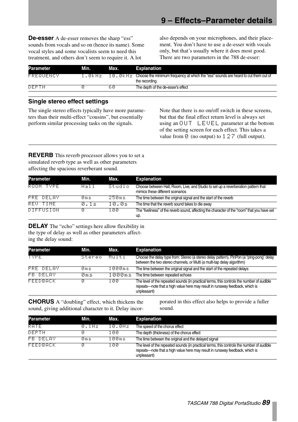 De-esser, Single stereo effect settings, Reverb | Delay, Chorus, Reverb delay chorus, 9 – effects–parameter details | Tascam 788 User Manual | Page 89 / 128