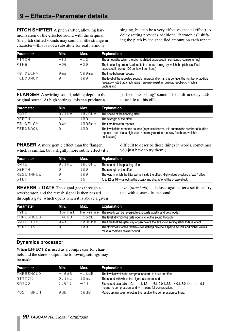 Pitch shifter, Flanger, Phaser | Reverb + gate, Dynamics processor, Pitch shifter flanger phaser reverb + gate, 9 – effects–parameter details | Tascam 788 User Manual | Page 90 / 128