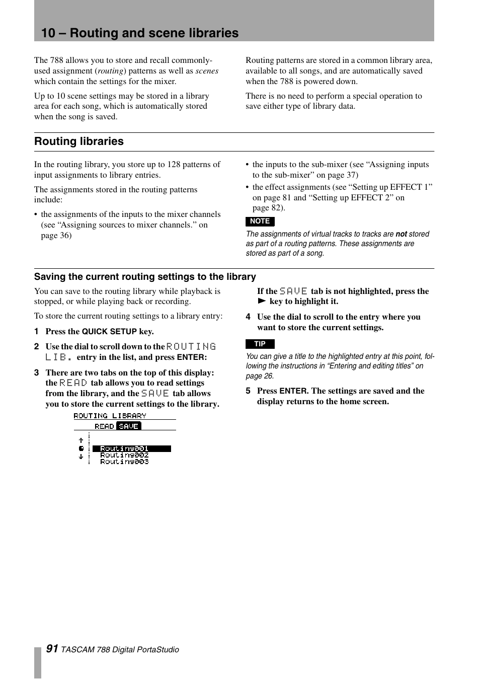10 – routing and scene libraries, Routing libraries, Saving the current routing settings to the library | Tascam 788 User Manual | Page 91 / 128