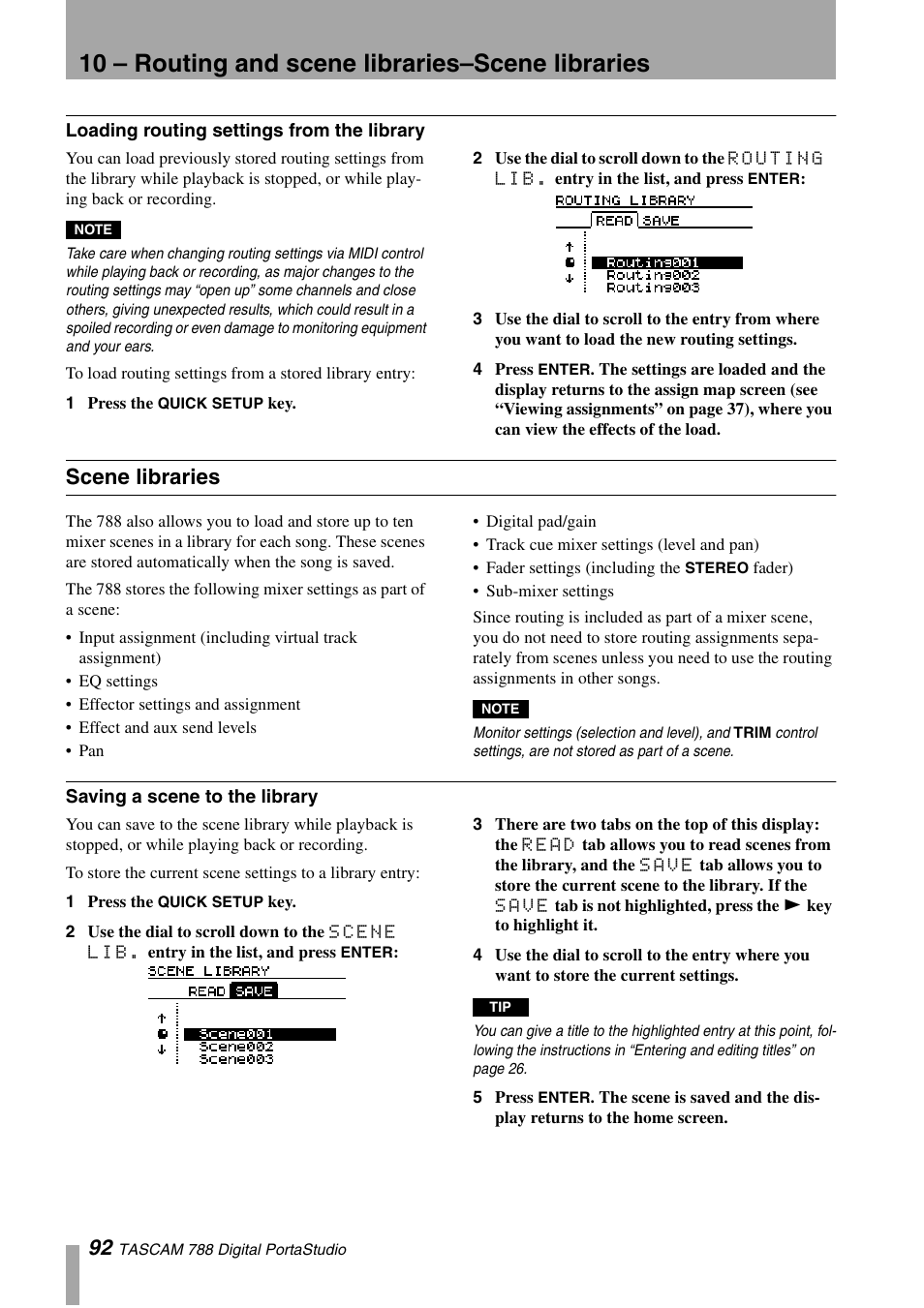 Loading routing settings from the library, Scene libraries, Saving a scene to the library | 10 – routing and scene libraries–scene libraries | Tascam 788 User Manual | Page 92 / 128