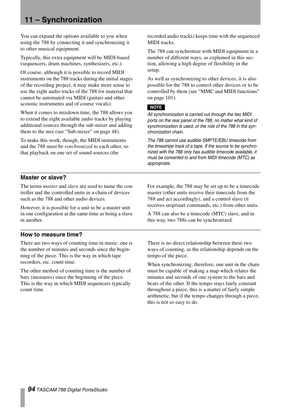11 – synchronization, Master or slave, How to measure time | Master or slave? how to measure time | Tascam 788 User Manual | Page 94 / 128