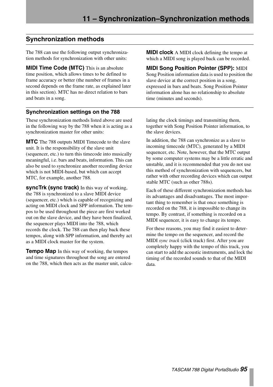 Synchronization methods, Midi time code (mtc), Midi clock | Midi song position pointer (spp), Synchronization settings on the 788, Synctrk (sync track), Tempo map, Mtc synctrk (sync track) tempo map, 11 – synchronization–synchronization methods, 95 synchronization methods | Tascam 788 User Manual | Page 95 / 128