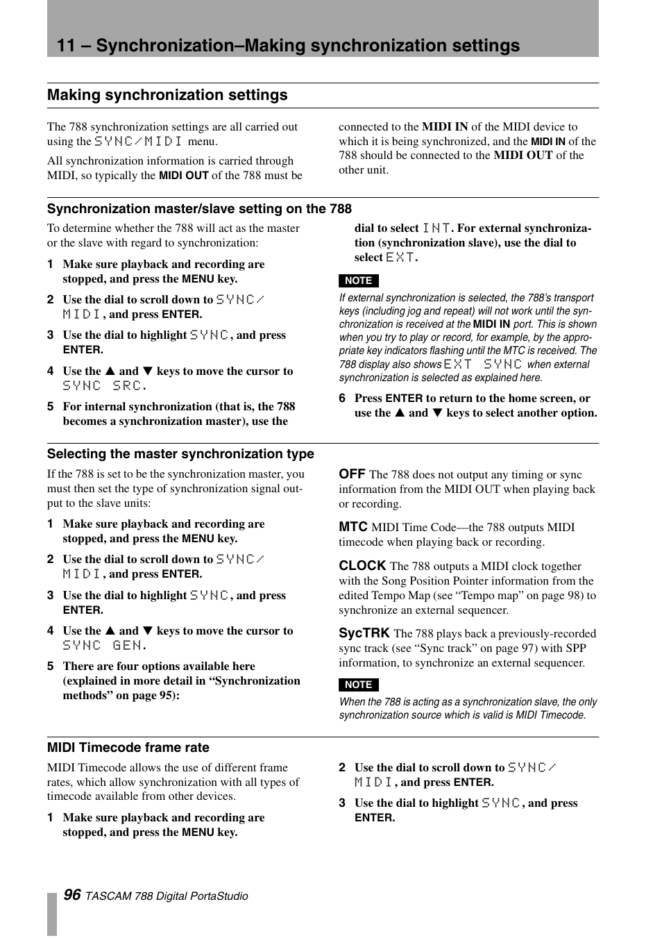 Making synchronization settings, Synchronization master/slave setting on the 788, Selecting the master synchronization type | Clock, Syctrk, Midi timecode frame rate, Off mtc clock syctrk | Tascam 788 User Manual | Page 96 / 128