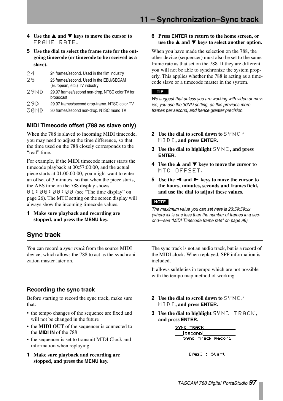 Midi timecode offset (788 as slave only), Sync track, Recording the sync track | 11 – synchronization–sync track | Tascam 788 User Manual | Page 97 / 128