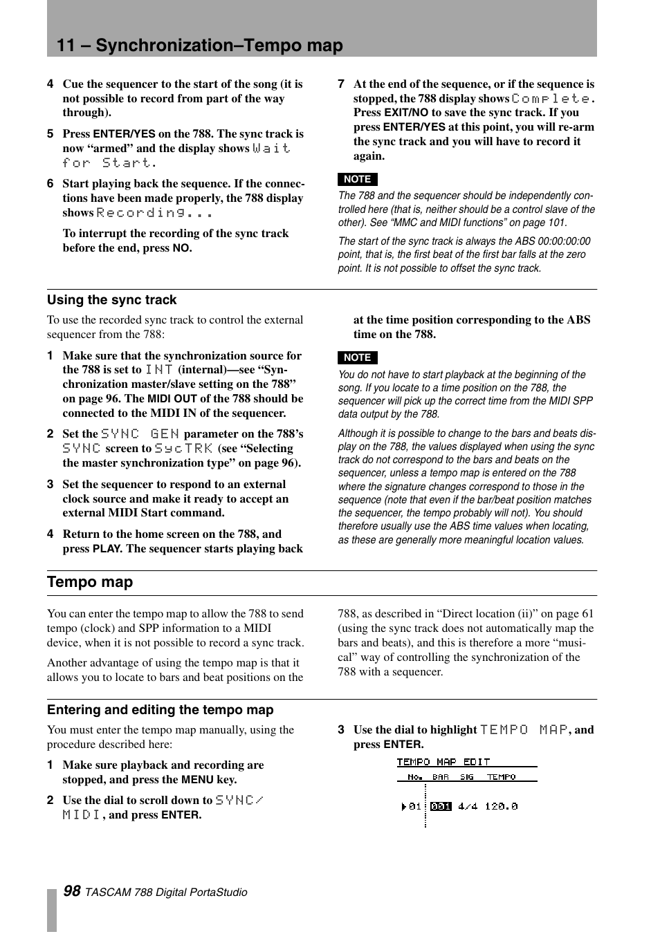 Using the sync track, Tempo map, Entering and editing the tempo map | 11 – synchronization–tempo map | Tascam 788 User Manual | Page 98 / 128