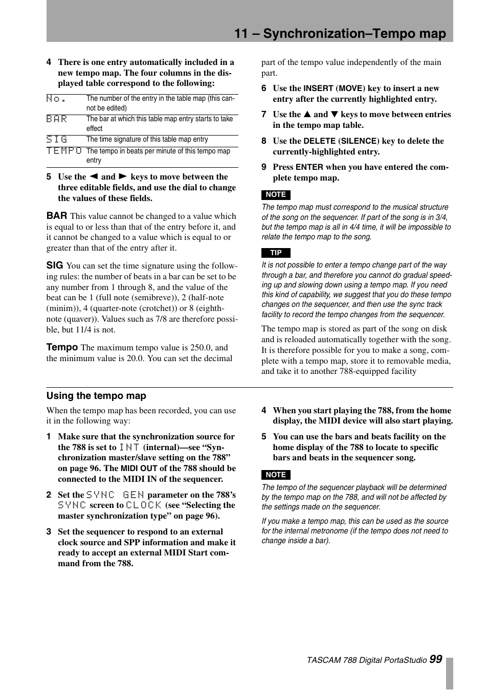 Tempo, Using the tempo map, Bar sig tempo | 11 – synchronization–tempo map | Tascam 788 User Manual | Page 99 / 128