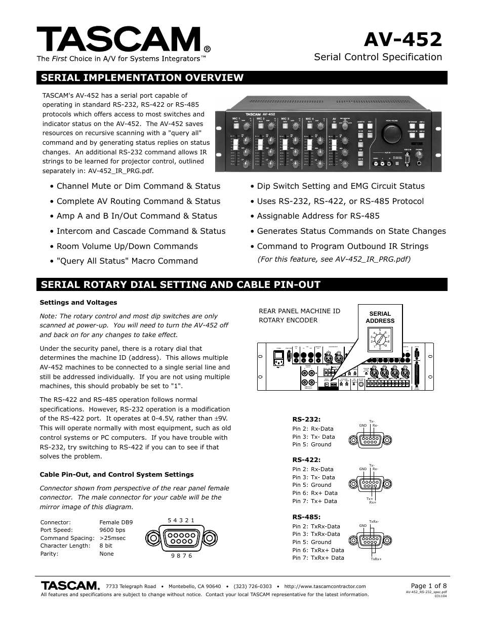 Tascam AV-452 User Manual | 8 pages