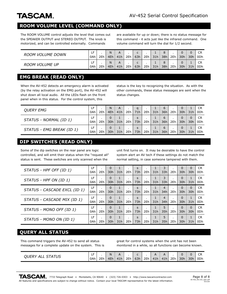 Av-452 serial control specification, Room volume level (command only), Query all status | Emg break (read only), Dip switches (read only) | Tascam AV-452 User Manual | Page 8 / 8