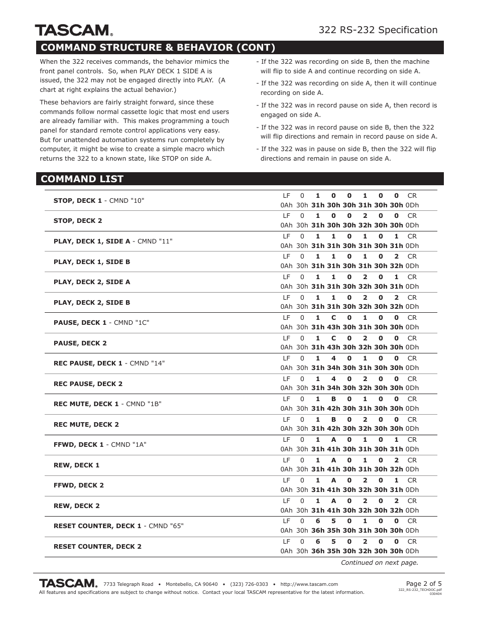 Command structure & behavior (cont) command list | Tascam RS-232 User Manual | Page 2 / 5
