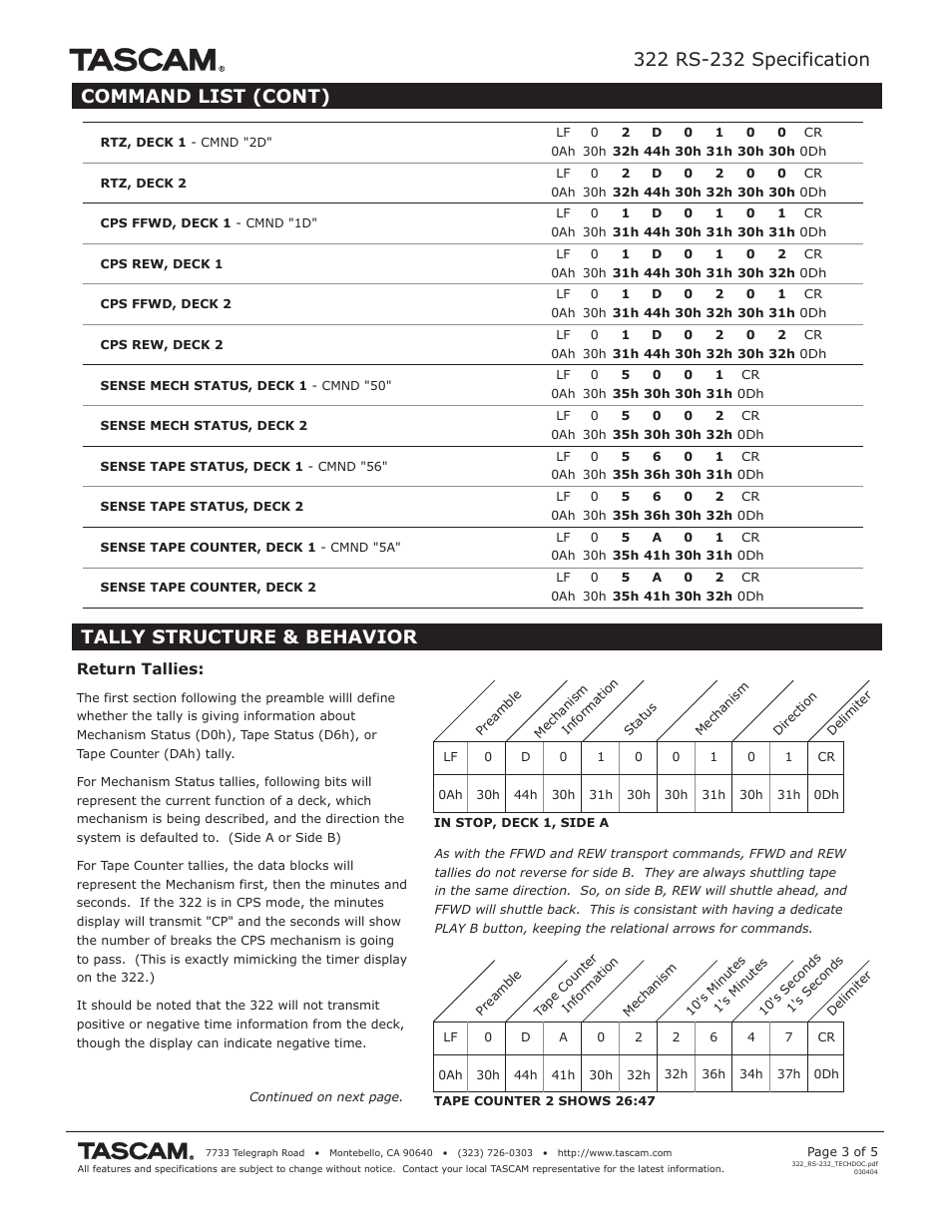 Command list (cont), Tally structure & behavior | Tascam RS-232 User Manual | Page 3 / 5