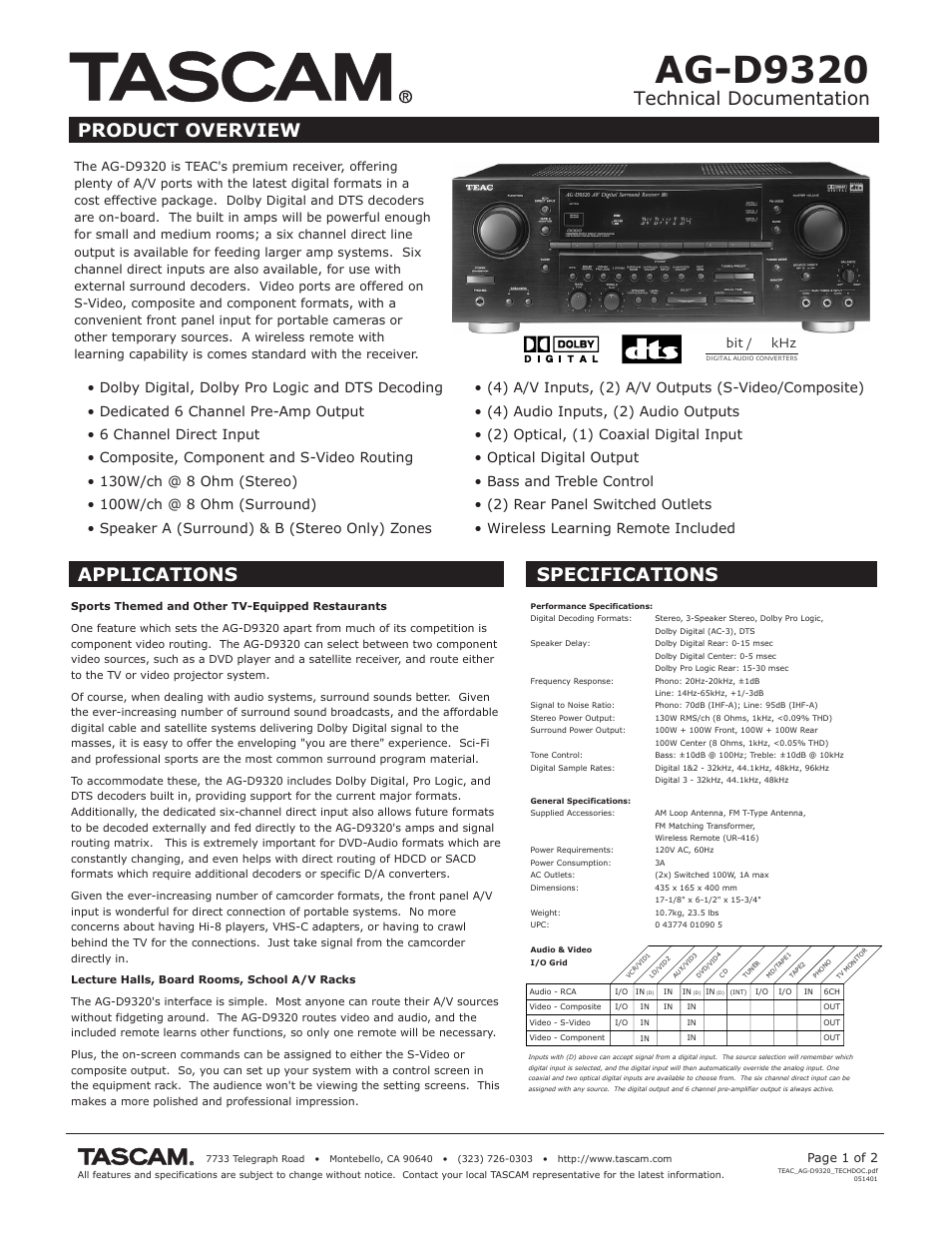 Tascam AG-D9320 User Manual | 2 pages