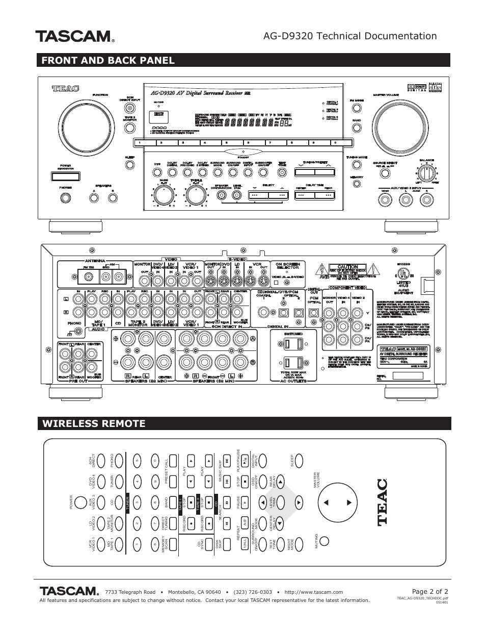 Ag-d9320 technical documentation, Front and back panel wireless remote, Page 2 of 2 | Tascam AG-D9320 User Manual | Page 2 / 2