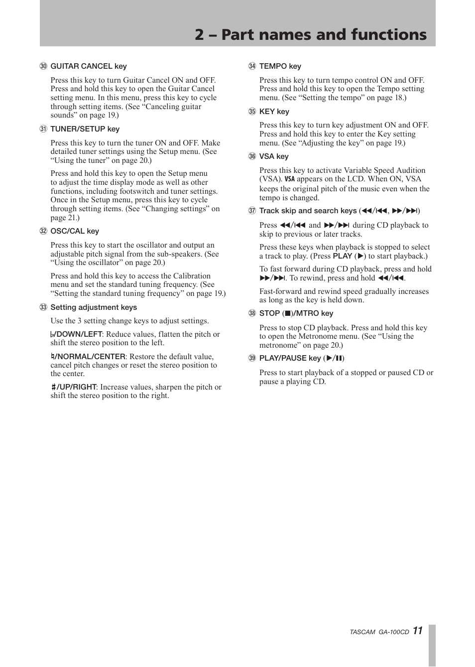 2 – part names and functions | Tascam GA-100CD User Manual | Page 11 / 28