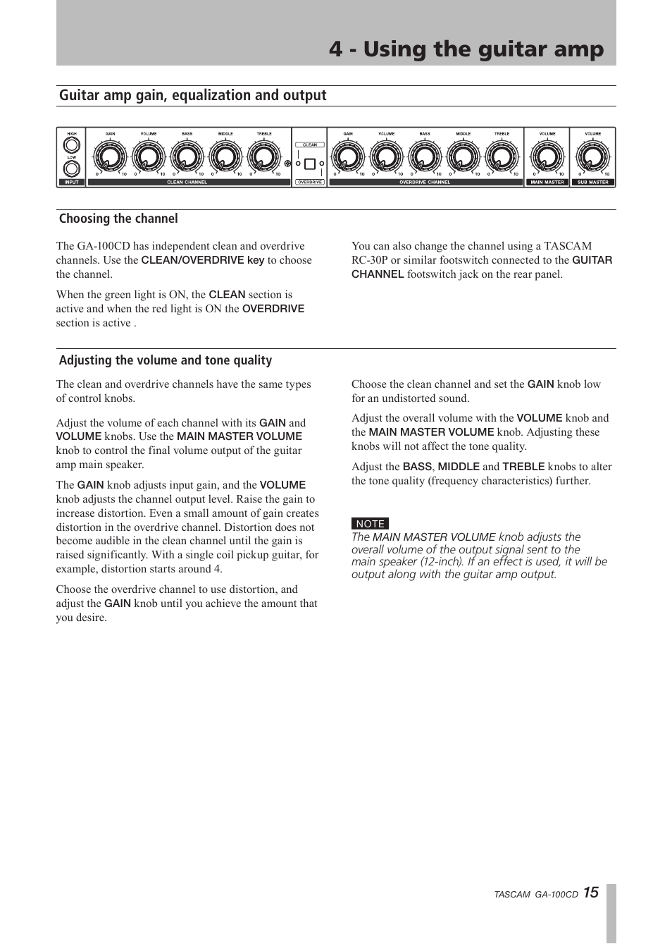 4 – using the guitar amp, Guitar amp gain, equalization and output, Choosing the channel | Adjusting the volume and tone quality, 2 – part names and functions, 4 - using the guitar amp | Tascam GA-100CD User Manual | Page 15 / 28