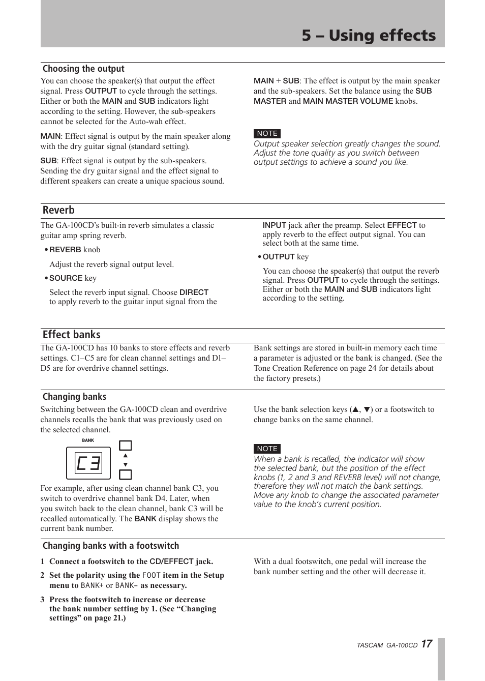 Choosing the output, Reverb, Effect banks | Changing banks, Changing banks with a footswitch, 5 – using effects, Reverb effect banks | Tascam GA-100CD User Manual | Page 17 / 28