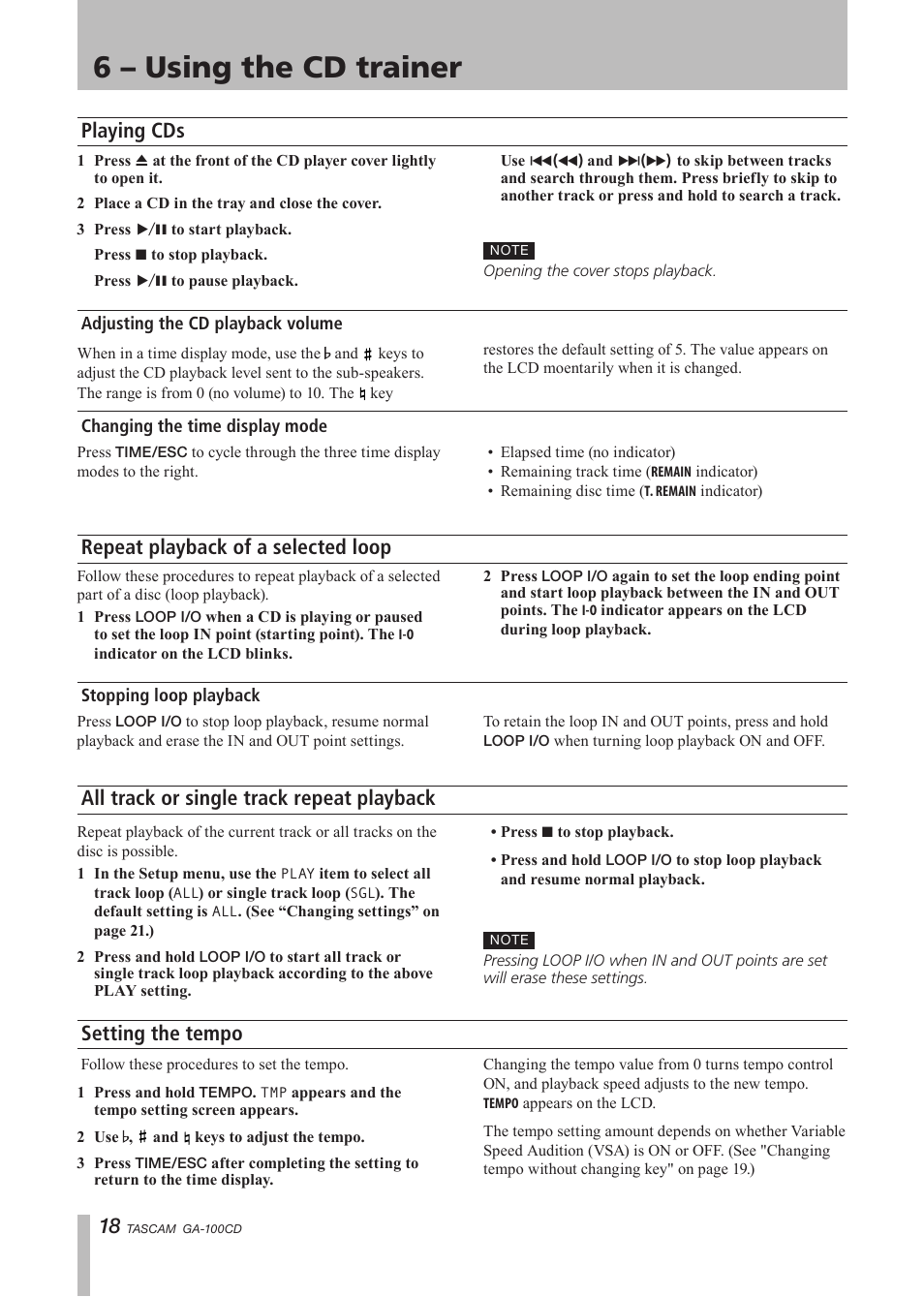 6 – using the cd trainer, Playing cds, Adjusting the cd playback volume | Changing the time display mode, Repeat playback of a selected loop, Stopping loop playback, All track or single track repeat playback, Setting the tempo | Tascam GA-100CD User Manual | Page 18 / 28