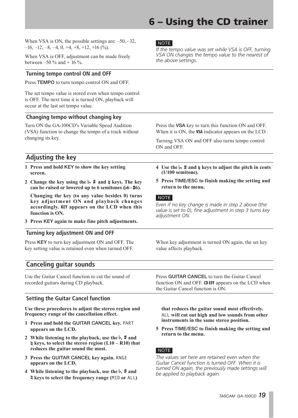 Turning tempo control on and off, Changing tempo without changing key, Adjusting the key | Turning key adjustment on and off, Canceling guitar sounds, Setting the guitar cancel function, 6 – using the cd trainer | Tascam GA-100CD User Manual | Page 19 / 28