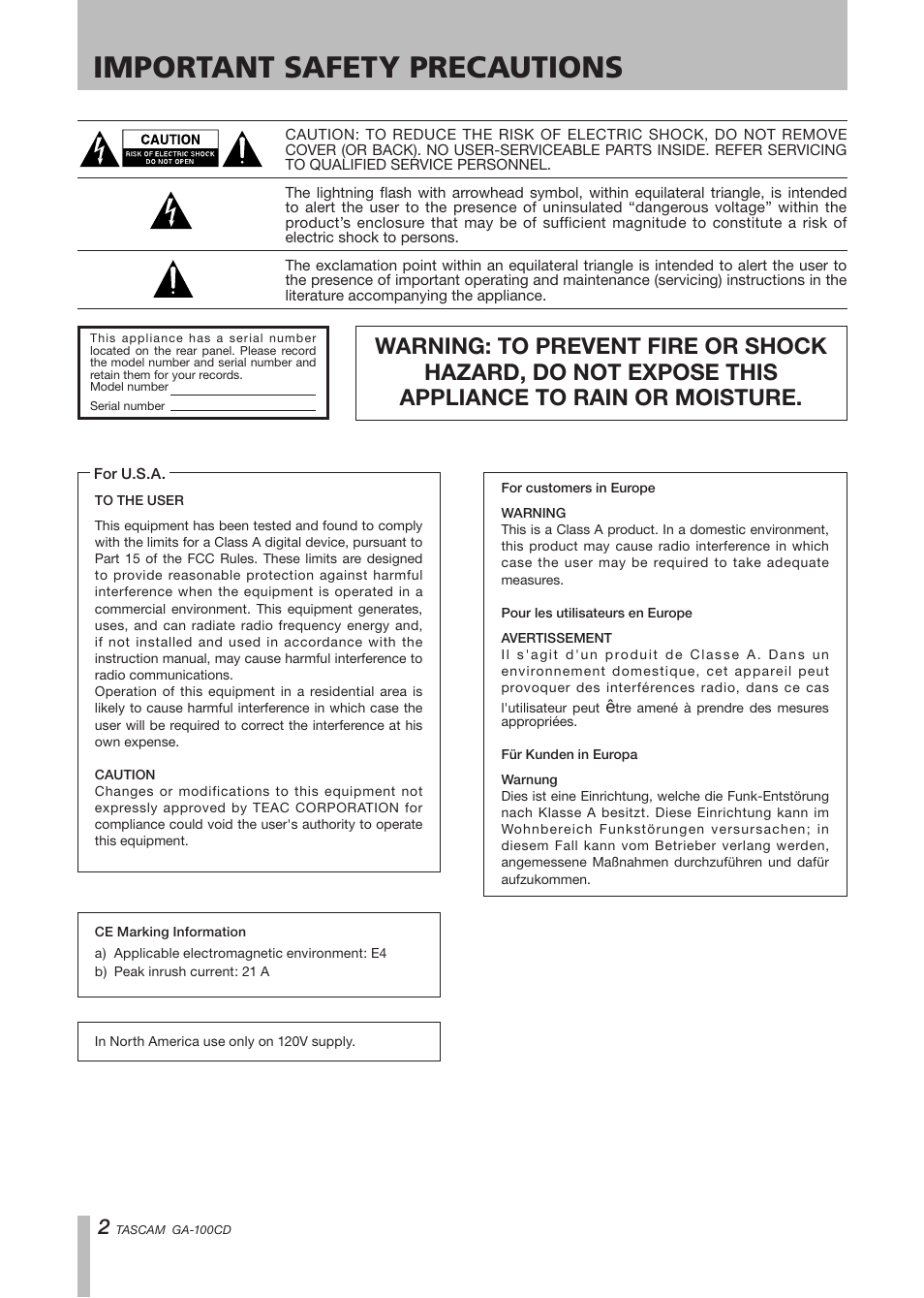 Important safety precautions | Tascam GA-100CD User Manual | Page 2 / 28
