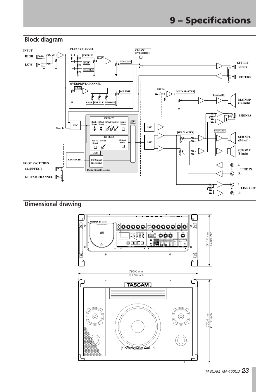 Block diagram, Dimensional drawing, 9 – specifications | Tascam GA-100CD User Manual | Page 23 / 28