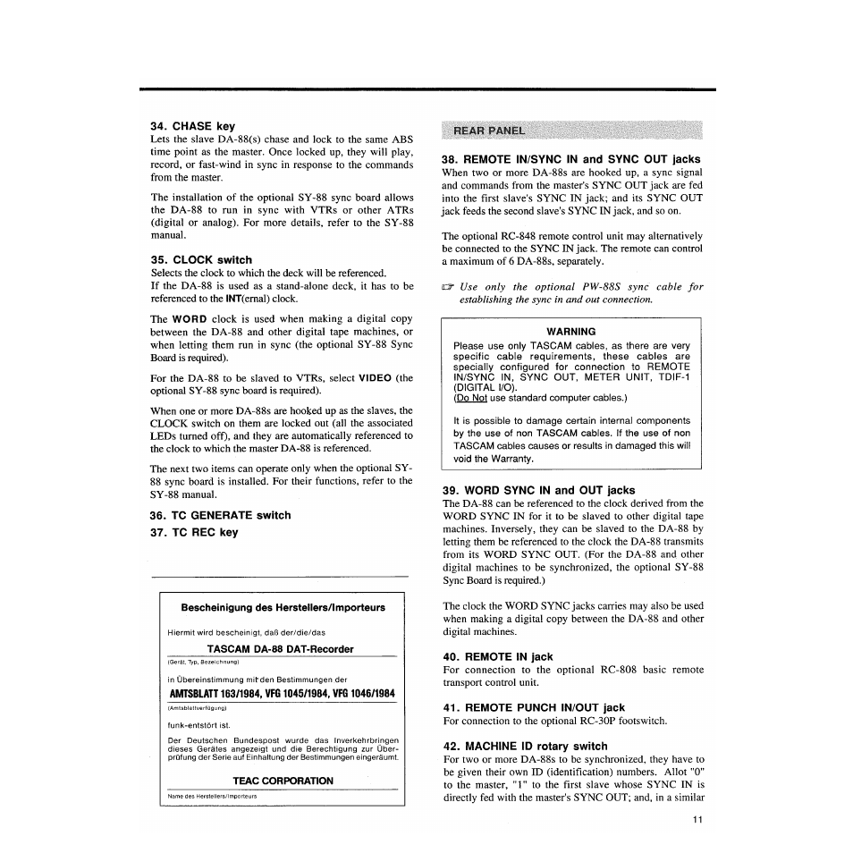 Chase key, Clock switch, Tc generate switch | Tc rec key, Remote in/sync in and sync out jacks, Word sync in and out jacks, Remote in jack, Remote punch in/out jack, Machine id rotary switch | Tascam DA-88 User Manual | Page 11 / 26