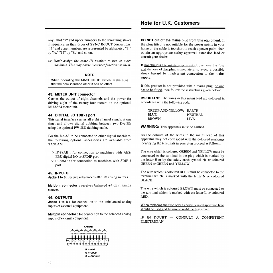 Note for u.k. customers, Meter unit connector, Digital i/o tdif-1 port | Inputs, Outputs | Tascam DA-88 User Manual | Page 12 / 26