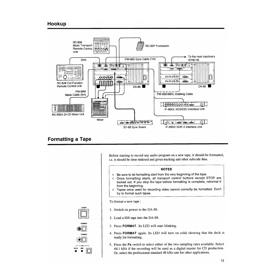 Hookup, Formatting a tape, H o o k u p formatting a tape -14 | Tascam DA-88 User Manual | Page 13 / 26