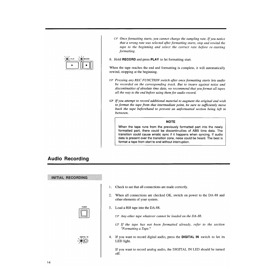 Audio recording | Tascam DA-88 User Manual | Page 14 / 26