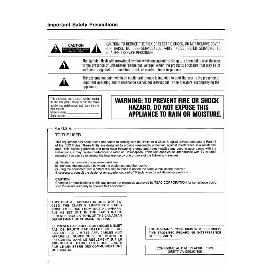 Important safety precautions, Caution | Tascam DA-88 User Manual | Page 2 / 26