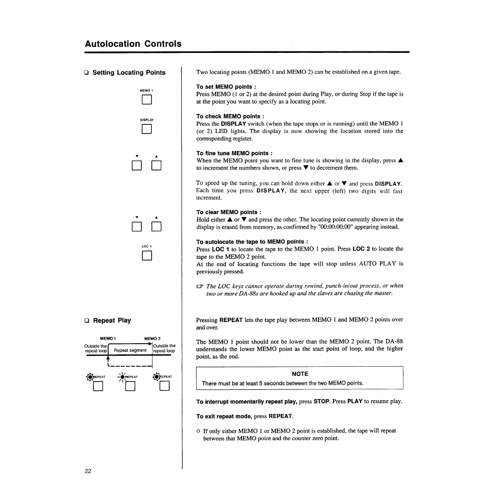 Autolocation controls, Repeat play, Autolocation controls -23 | Tascam DA-88 User Manual | Page 22 / 26