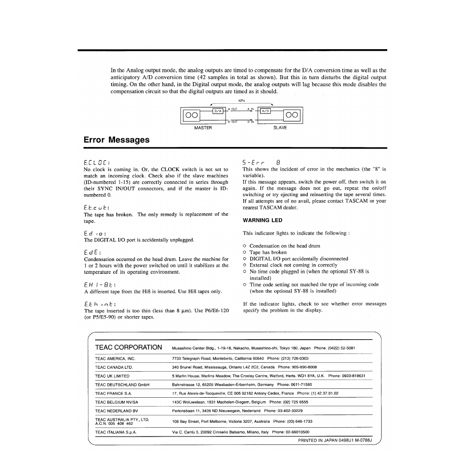 Error messages, Teac corporation | Tascam DA-88 User Manual | Page 26 / 26