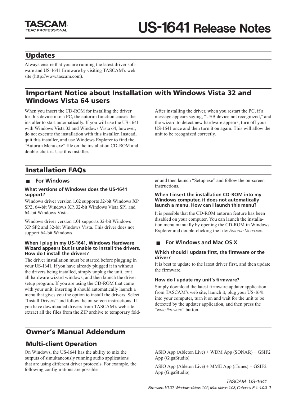 Tascam US-1641 User Manual | 4 pages