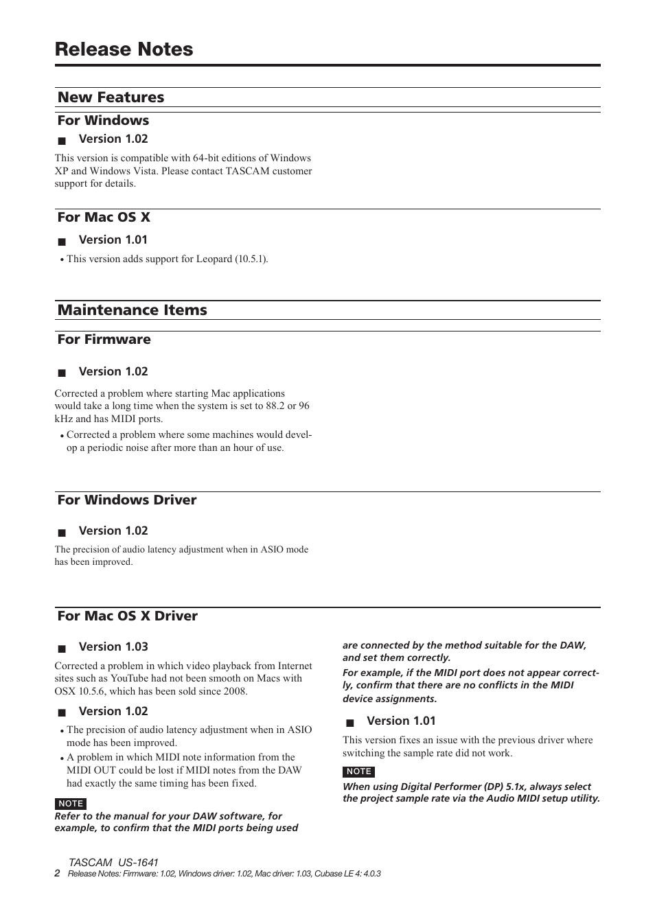 Maintenance items, New features | Tascam US-1641 User Manual | Page 2 / 4