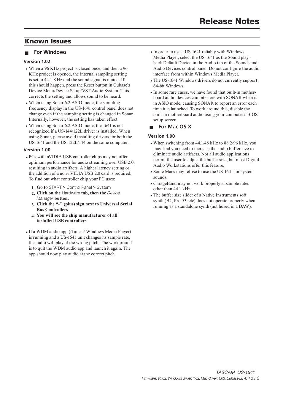 Known issues | Tascam US-1641 User Manual | Page 3 / 4