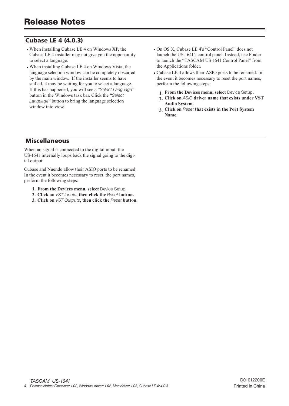 Cubase le 4 (4.0.3), Miscellaneous | Tascam US-1641 User Manual | Page 4 / 4