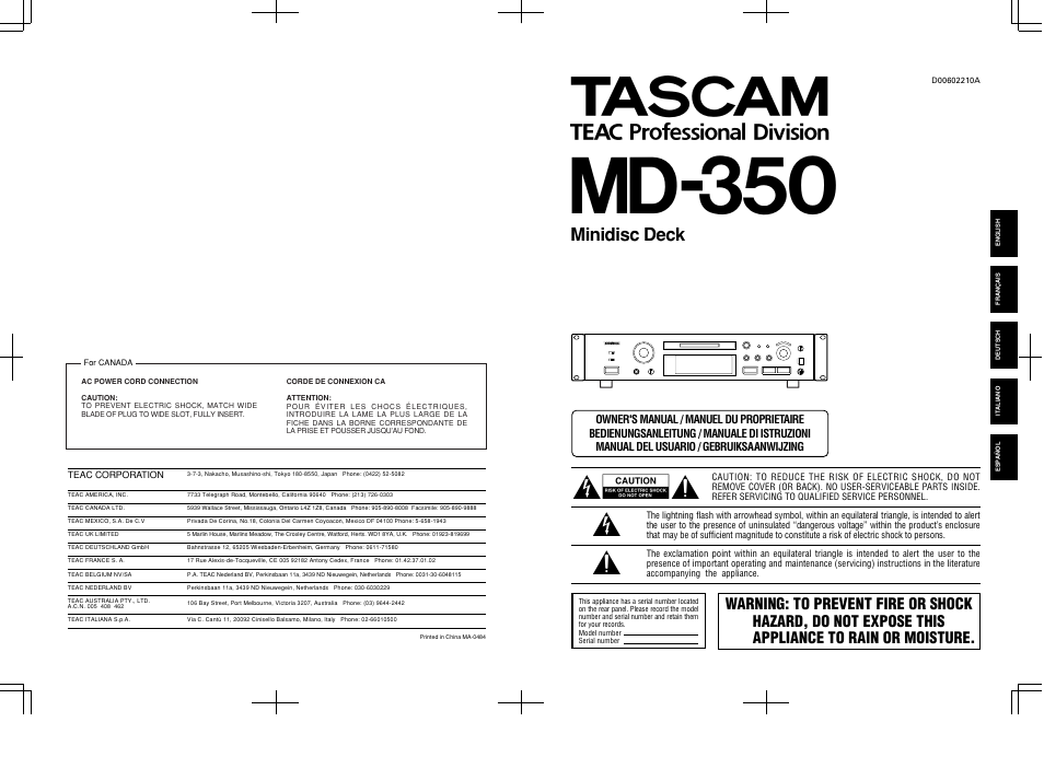 Tascam MD-350 User Manual | 56 pages