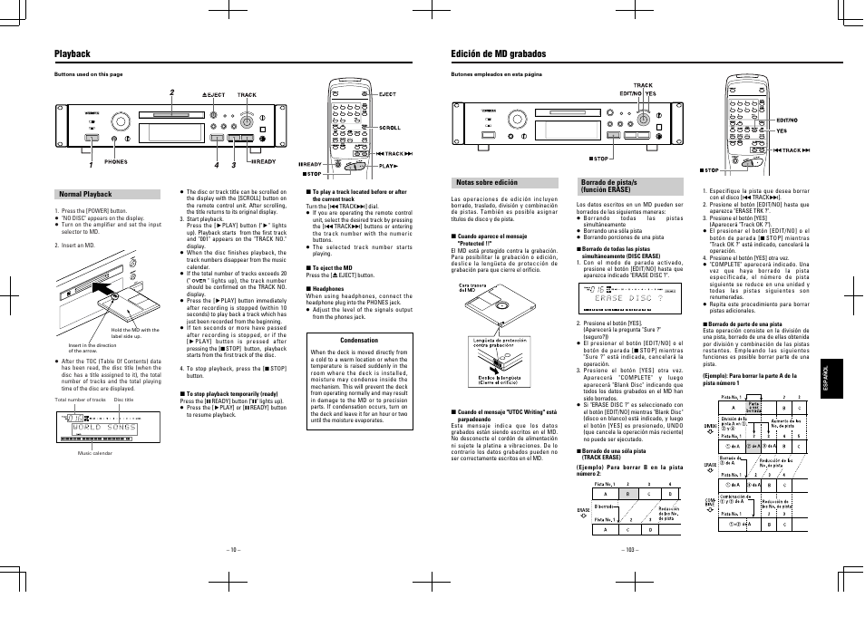 Playback, Edición de md grabados | Tascam MD-350 User Manual | Page 10 / 56