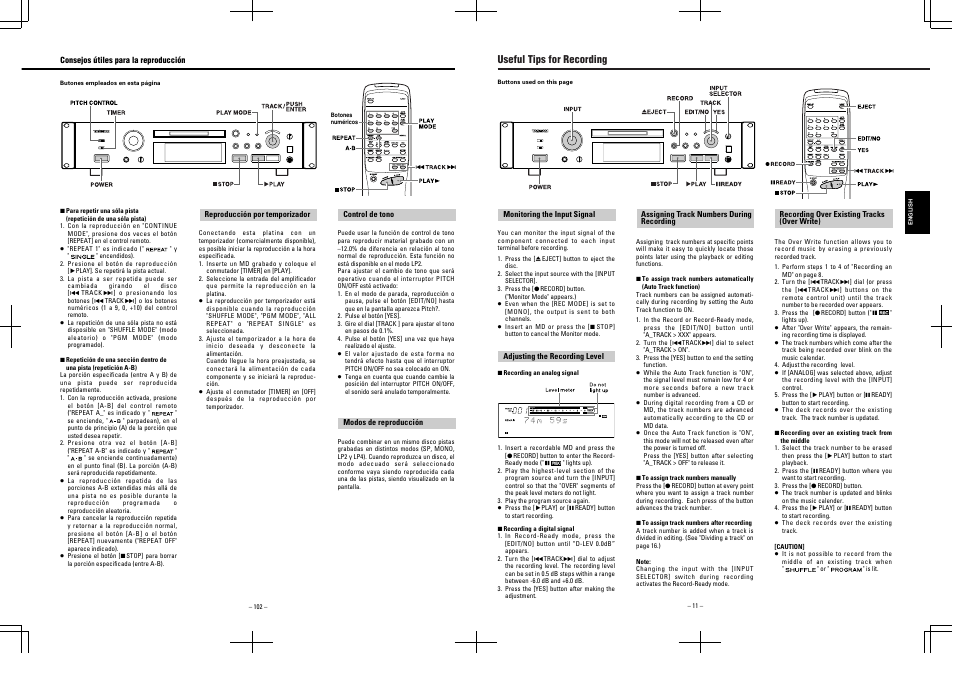 Useful tips for recording | Tascam MD-350 User Manual | Page 11 / 56