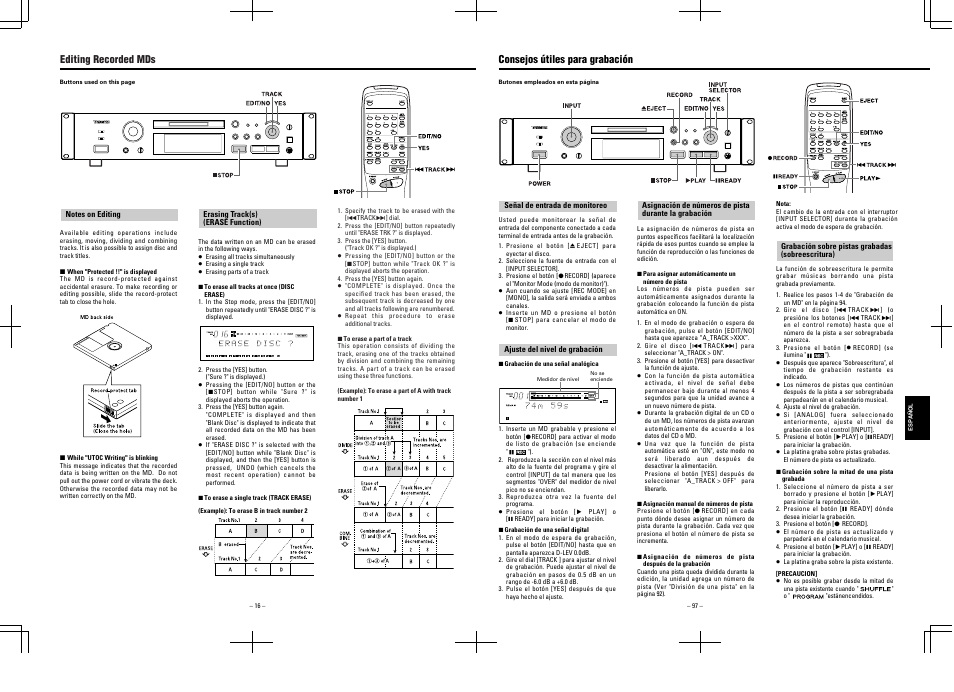 Editing recorded mds, Consejos útiles para grabación | Tascam MD-350 User Manual | Page 16 / 56