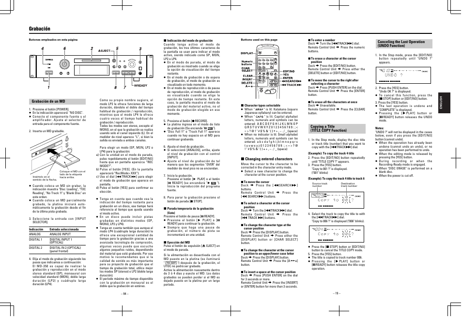 Grabación | Tascam MD-350 User Manual | Page 19 / 56