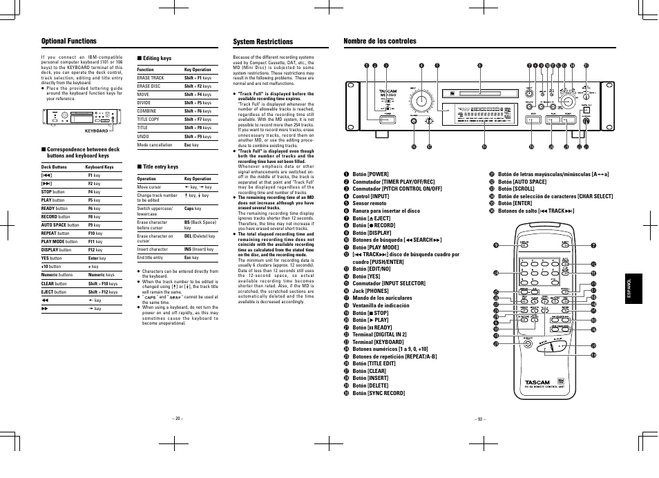 Optional functions, System restrictions, Nombre de los controles | Tascam MD-350 User Manual | Page 20 / 56