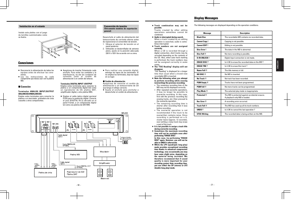 Conexiones, Display messages | Tascam MD-350 User Manual | Page 21 / 56