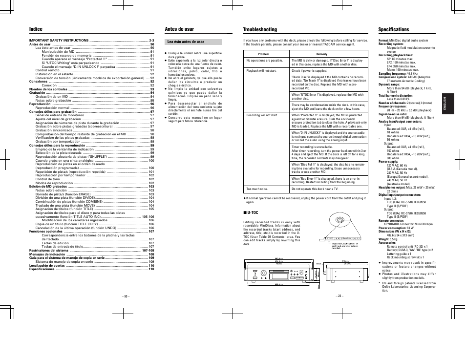 Indice antes de usar, Troubleshooting specifications | Tascam MD-350 User Manual | Page 23 / 56